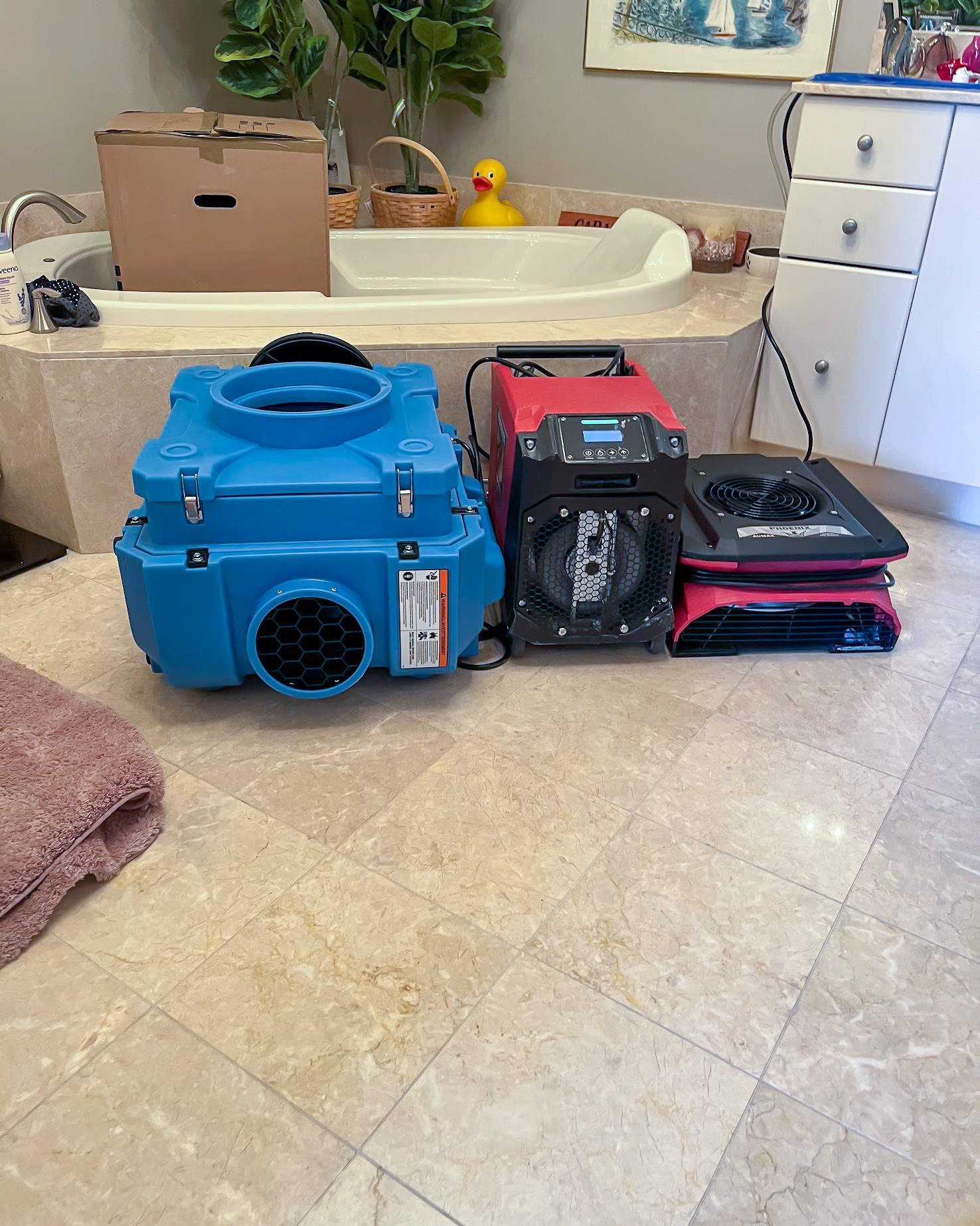 Professional dehumidification equipment — blue air scrubber, red dehumidifier, and flat air mover deployed in bathroom