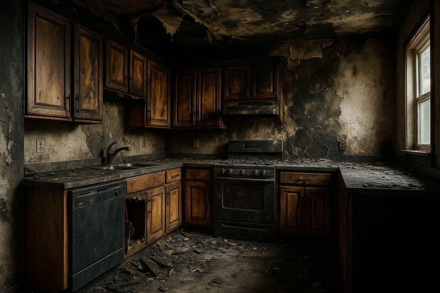 Kitchen interior heavily damaged by fire, with soot covering cabinets and walls
