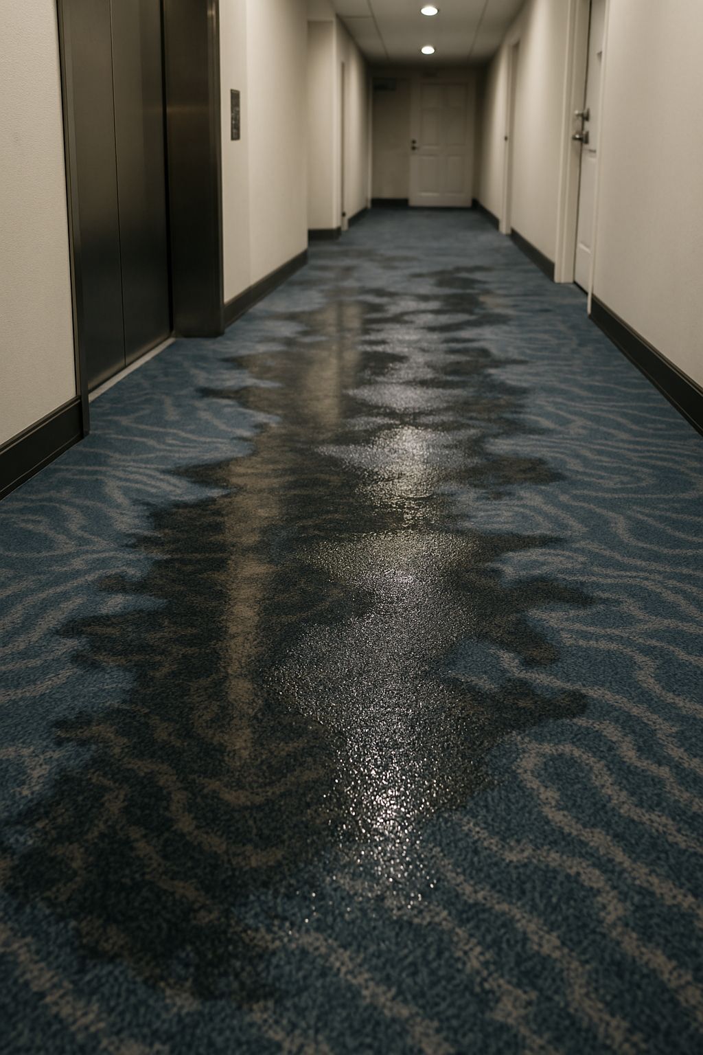 Standing water across carpeted corridor flooring