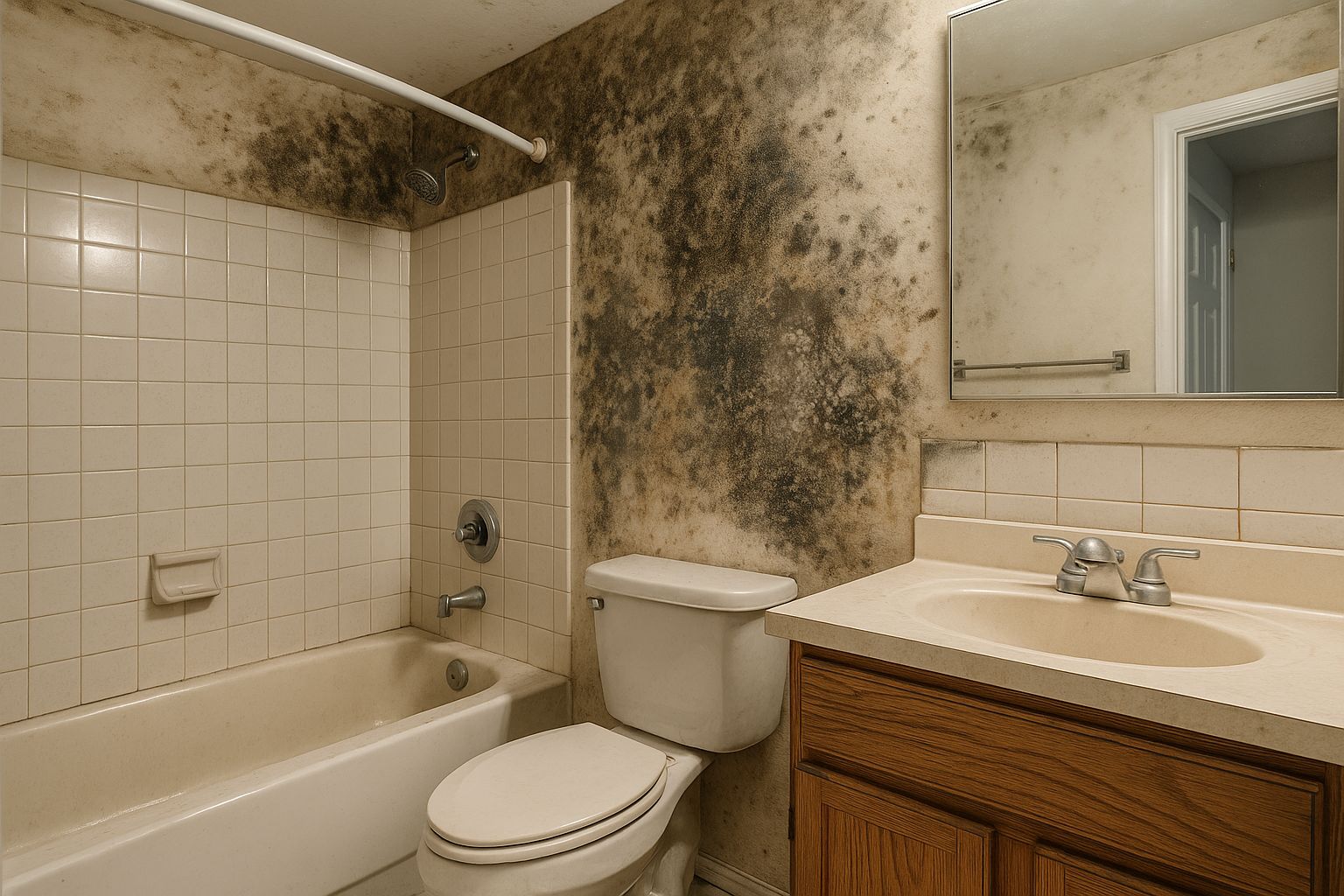 Mold growth spreading across bathroom walls and ceiling
